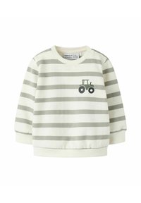 Sweat-shirt bébé avec des rayures horizontales gris et blanc et un petit dessin de tracteur gris foncé sur la poitrine.