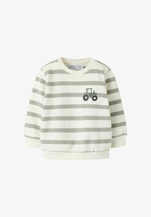Bluza dziecięca z poziomymi szarymi i białymi paskami oraz małym ciemnoszarym nadrukiem traktora na piersi.