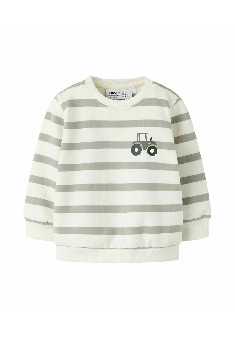Sweat-shirt bébé avec des rayures horizontales gris et blanc et un petit dessin de tracteur gris foncé sur la poitrine.