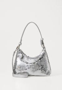 Silver sequin shoulder bag with a curved shape, smooth leather strap, and zipper closure. Reflective texture enhances visual appeal.