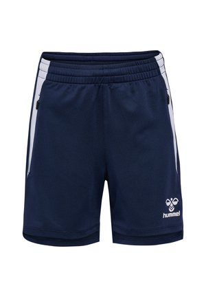 Mørkeblå sportsshorts med hvide sidelister, elastisk linning, lynlåslommer og en hvid Hummel-logo på venstre ben.
