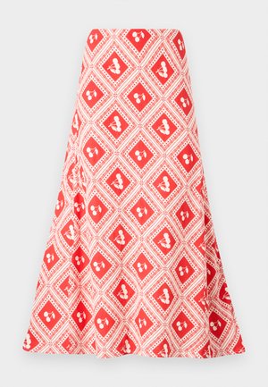 Fustă cu un model roșu și alb, prezentând un design în diamond cu mici motive florale și o formă evazată, realizată dintr-un material neted.