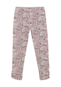 Lichtroze legging gemaakt van rekbaar materiaal, met een bloemen- en fruitpatroon in pastelkleuren, voorzien van een elastische tailleband en omslagmanchetten.