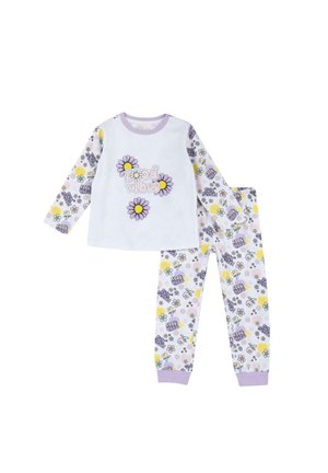 Ensemble de pyjama à manches longues en blanc et violet pastel. Le haut présente le texte "good vibes" accompagné de graphiques de fleurs ; le pantalon possède un motif floral avec des poignets élastiques.