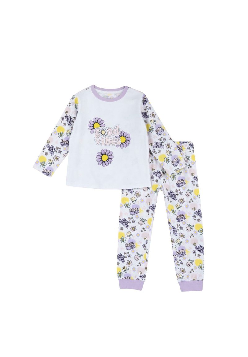 Ensemble de pyjama à manches longues en blanc et violet pastel. Le haut présente le texte "good vibes" accompagné de graphiques de fleurs ; le pantalon possède un motif floral avec des poignets élastiques.