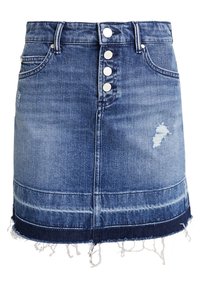 Jeanskjol med en blekt blå tvätt, med knäppning framtill, slitna detaljer och fransad fåll. Tvåfärgad design nertill.