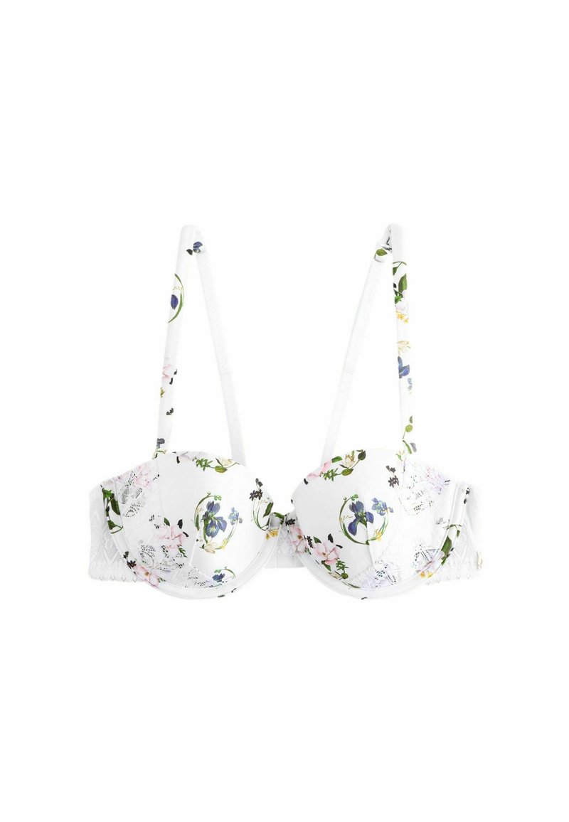 Soutien-gorge bianco con motivo floreale, coppe imbottite, spalline regolabili e rifiniture in pizzo sui lati. Presenta vari disegni floreali colorati.