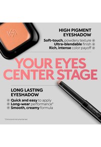 Oranje compacte oogschaduw en een beige stiftoogschaduw die worden getoond met tekst die zachte aanraking, mengbaarheid, intense kleur en een langhoudende, romige formule benadrukt.