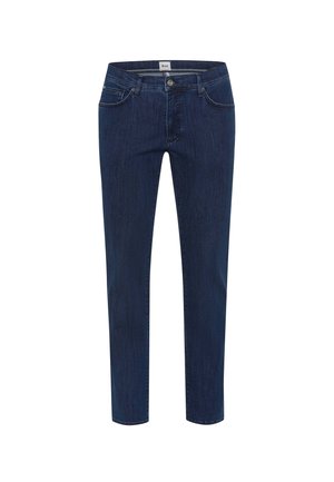 Jeans blu scuro in denim, con una vestibilità dritta, cinque tasche e chiusura con bottone in vita. Texture liscia.