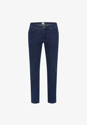 Donkerblauwe spijkerbroek van denim, met een rechte pijp, vijf zakken en een knoopsluiting op de taille. Glad gevoel.