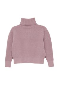 Gruby sweter z golfem w miękkim odcieniu lawendy. Posiada luźny krój, prążkowaną strukturę i opadające ramiona dla większego komfortu.