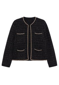 Veste en maille noire texturée avec manches longues, encolure ronde, quatre poches avant, et bordure en chaîne dorée le long des bords et des ouvertures des poches.