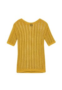 Gelber gestrickter Pullover mit kurzen Ärmeln, der ein offenes Maschenmuster und einen weiten, abgerundeten Halsausschnitt aufweist. Strukturierte Oberfläche überall.