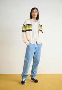 Cardigan tricotat crem cu dungi maronii, verzi și galbene, purtat peste o cămașă albă cu dungi. Blugi albaștri deschiși și adidași negri completează ținuta.