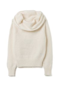 Suéter de punto color crema con cuello alto, puños y dobladillo acanalados, y textura suave. Presenta un diseño corto y mangas ajustadas.