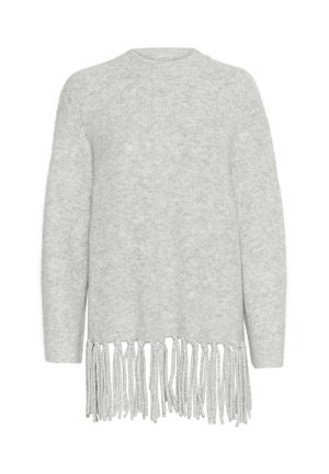 Helles Graues Sweatshirt mit einer gemütlichen Textur und einem Fransen-Saum. Mit langen Ärmeln und einem gerundeten Ausschnitt.