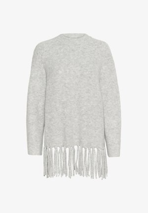 Light grey sweater with a cozy texture and a fringe hemline. Features long sleeves and a rounded neckline.