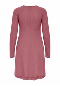 Robe à manches longues côtelée en rose poussiéreux, avec un col rond et un ourlet évasé ; fabriquée dans un tissu doux et texturé avec élasticité.