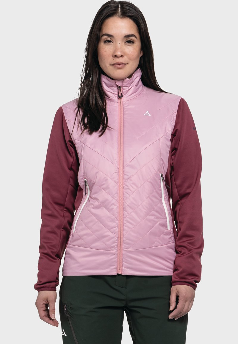 Pink and maroon insulated jacket with zippered pockets, high collar, and a quilted design on the front. Smooth fabric with contrasting sleeves.