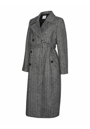 Sivi herringbone trench kaput s remenom u struku, duplim dugmadi i ovrnutim ovratnikom; izrađen od teksturirane vune.