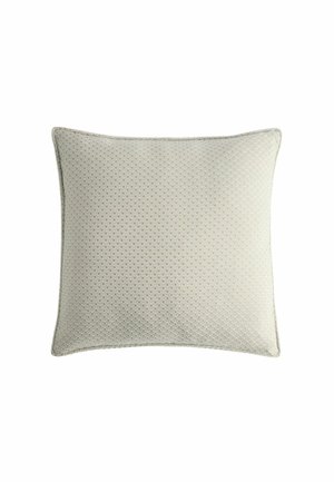 Square light gray decorative cushion with a subtle repeating scallop pattern and piped edges on a white background.