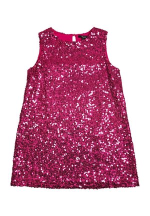 Abito senza maniche di un vivace rosa acceso, coperto da paillettes lucenti, con scollatura rotonda e chiusura sul retro con bottoni.