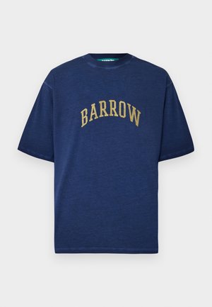 T-shirt à manches courtes bleu marine en coton avec un col rond. Présente le texte doré "BARROW" en style arqué sur la poitrine.