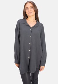 Dark gray button-up shirt made of textured fabric, featuring a collar, long sleeves, and a relaxed fit, with round hem and contrasting buttons.