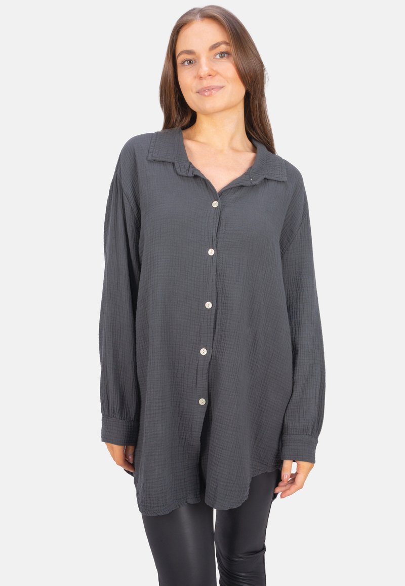 Dark gray button-up shirt made of textured fabric, featuring a collar, long sleeves, and a relaxed fit, with round hem and contrasting buttons.
