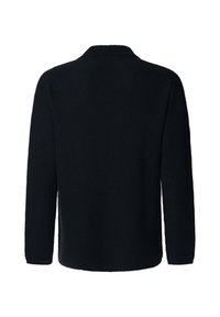 Svart kofta med ett texturerat stickat mönster, med sjalkrage och långa ärmar. Baksidan är odekorerad med en rak skärning.