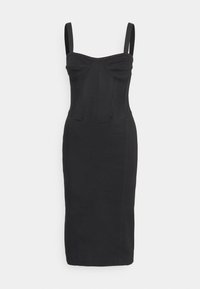 Svart bodycon klänning med strukturerad byst, justerbara tunna axelband och sömdetaljer. Slätt tyg med åtsittande midja och knälång fåll.