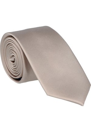 Beige Krawatte aus glattem Stoff, aufgerollt zur Ausstellung. Sie hat ein klassisches Design mit einer spitz zulaufenden Spitze und ohne sichtbare Muster oder Akzente.