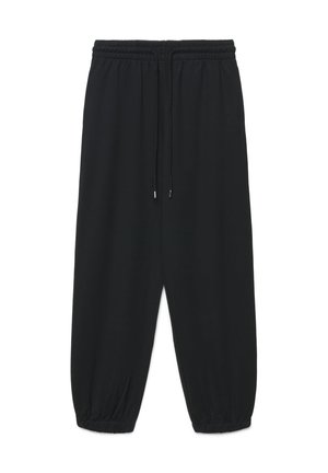 Black loose-fit sweatpants with elastic waistband and drawstring, elastic cuffs at ankles, suitable for casual wear.
