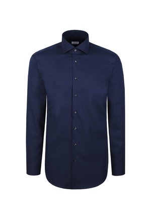 Marineblaue Langarmbluse aus glattem Stoff, mit einem klassischen Kragen, Knopfleiste und schlichtem Design ohne Muster oder Akzente.