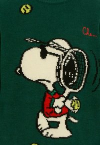 Zielony sweter dzianinowy z motywem Snoopy w białym i czerwonym kolorze, trzymający baseball. Szczególne detale to zielona czapka oraz zabawne wzory akcentowe.
