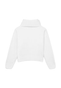 Gekürzter weißer Strickpullover mit hohem Kragen, langen Ärmeln und geripptem Muster. Die Rückseite hat ein schlichtes Design ohne Verzierungen.