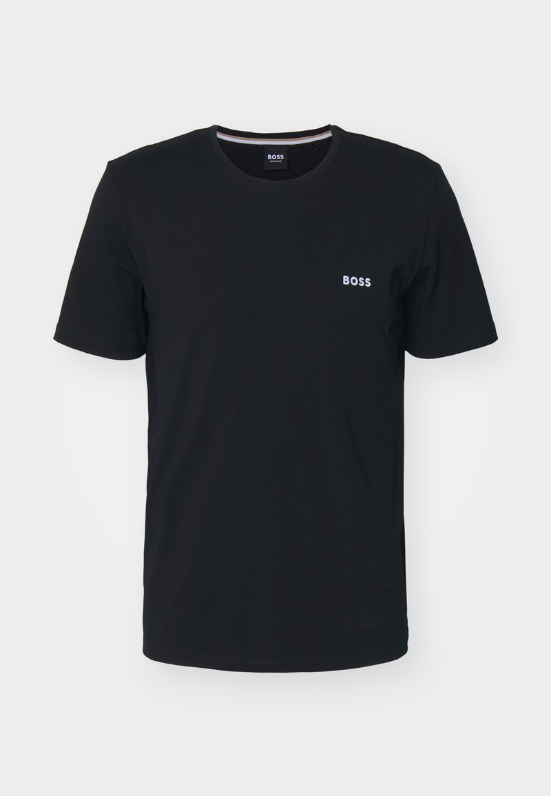 Schwarzes Baumwoll-T-Shirt mit kurzen Ärmeln, Rundhalsausschnitt und subtil vorhandenem weißen "BOSS"-Logo auf der linken Brust. Minimalistisches Design ohne Muster.