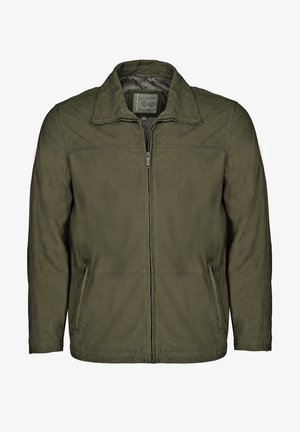 Olijfgroene leren jas met ritssluiting aan de voorkant, puntige kraag en zijzakken. Bevat stikseldetails en een gladde textuur.