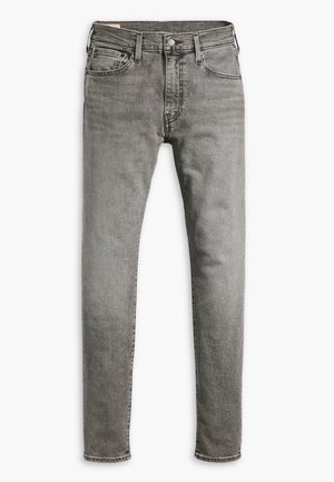 Jean slim gris en denim avec bouton et fermeture éclair à l'avant, cinq poches et passants pour ceinture, présenté à plat sur fond blanc.