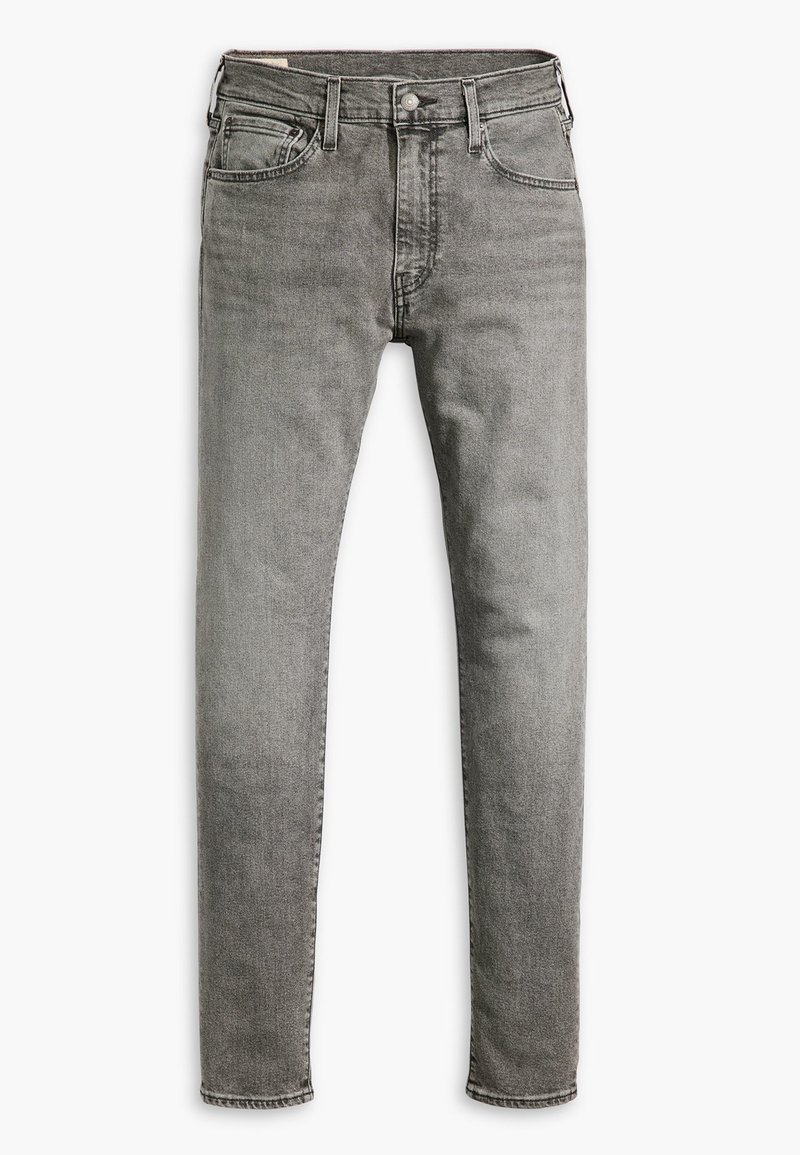 Jean slim gris en denim avec bouton et fermeture éclair à l'avant, cinq poches et passants pour ceinture, présenté à plat sur fond blanc.