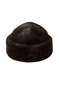 Musta turkislakki, jolla on pyöreä pää ja leveä hihna, jossa on pehmeä rakenne ja sileä pinta. Muotoilu on johdonmukainen koko hatun alueella.