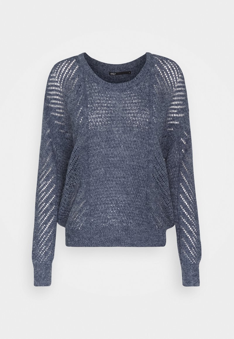 Pull bleu à manches longues en tricot, avec motifs perforés sur les manches et le devant, col rond et ourlet et poignets côtelés.
