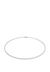 Collar de cuentas plateadas con una superficie lisa y uniforme, que presenta pequeñas cuentas redondas. Cierre de broche en la parte trasera para un uso seguro.