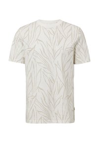 Korte mouw t-shirt in lichtbeige met een textuur en een print van bladeren. Gemaakt van zachte stof met een ronde halslijn en een rechte zoom.