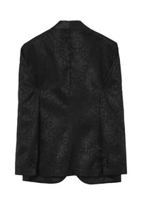 Blazer in jacquard nero con un motivo floreale testurizzato, rever in raso e tre bottoni ai polsini. Vista posteriore mostrata.