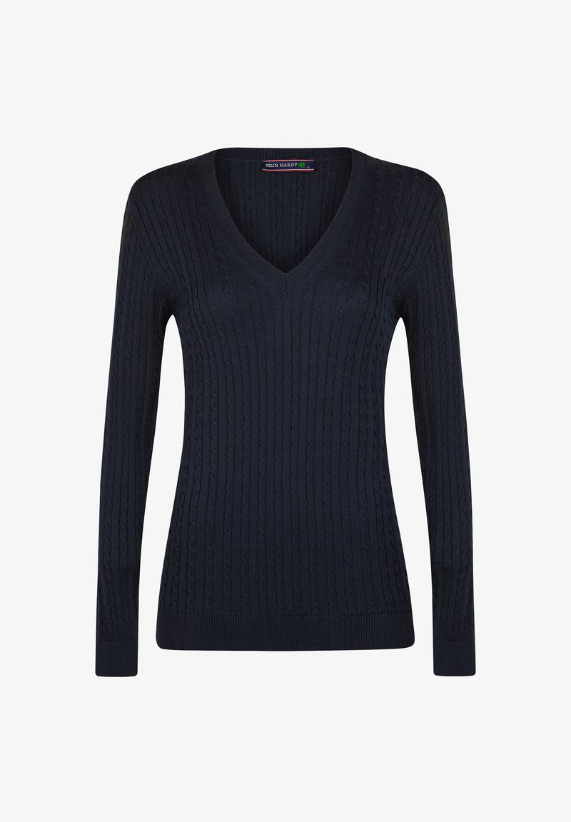 Marineblauer V-Ausschnitt-Pullover mit strukturiertem Rippstrick und langen Ärmeln. Einfarbig mit taillierter Passform und einem dezenten Stretchanteil.