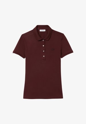 Burgundy polo shirt made of cotton blend, featuring a classic collar, five-button placket, and embroidered logo on the chest.