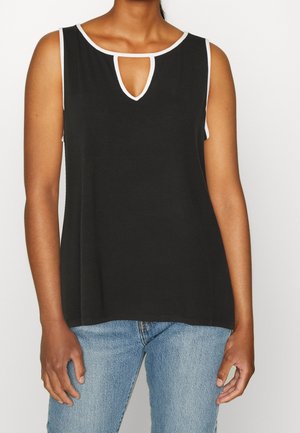 Czarna bezrękawnikowa bluzka z dekoltem w kształcie łezki, posiadająca białą lamówkę przy dekolcie i otworach na ramiona, wykonana z miękkiego materiału bawełnianego.