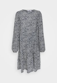 Robe à motif floral en bleu marine et blanc, avec des manches longues, un col rond, et une coupe ample, fabriquée en tissu léger.