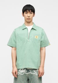 Νέος άνδρας που φοράει πράσινο και λευκό πουκάμισο με κάθετες ρίγες και κοντά μανίκια με φερμουάρ στον γιακά, καθώς και κοντά τζιν σορτς με σχέδια, στέκεται μπροστά σε λευκό φόντο.